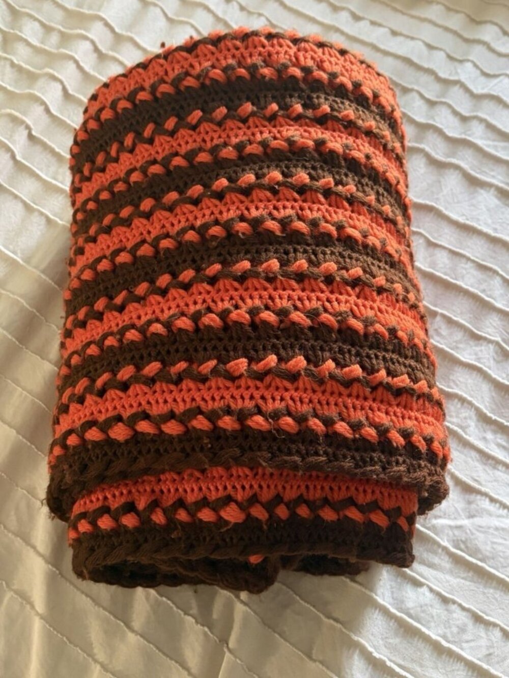Vintage Hand Made Orange And Brown Striped Afghan Blanket 62”x68”